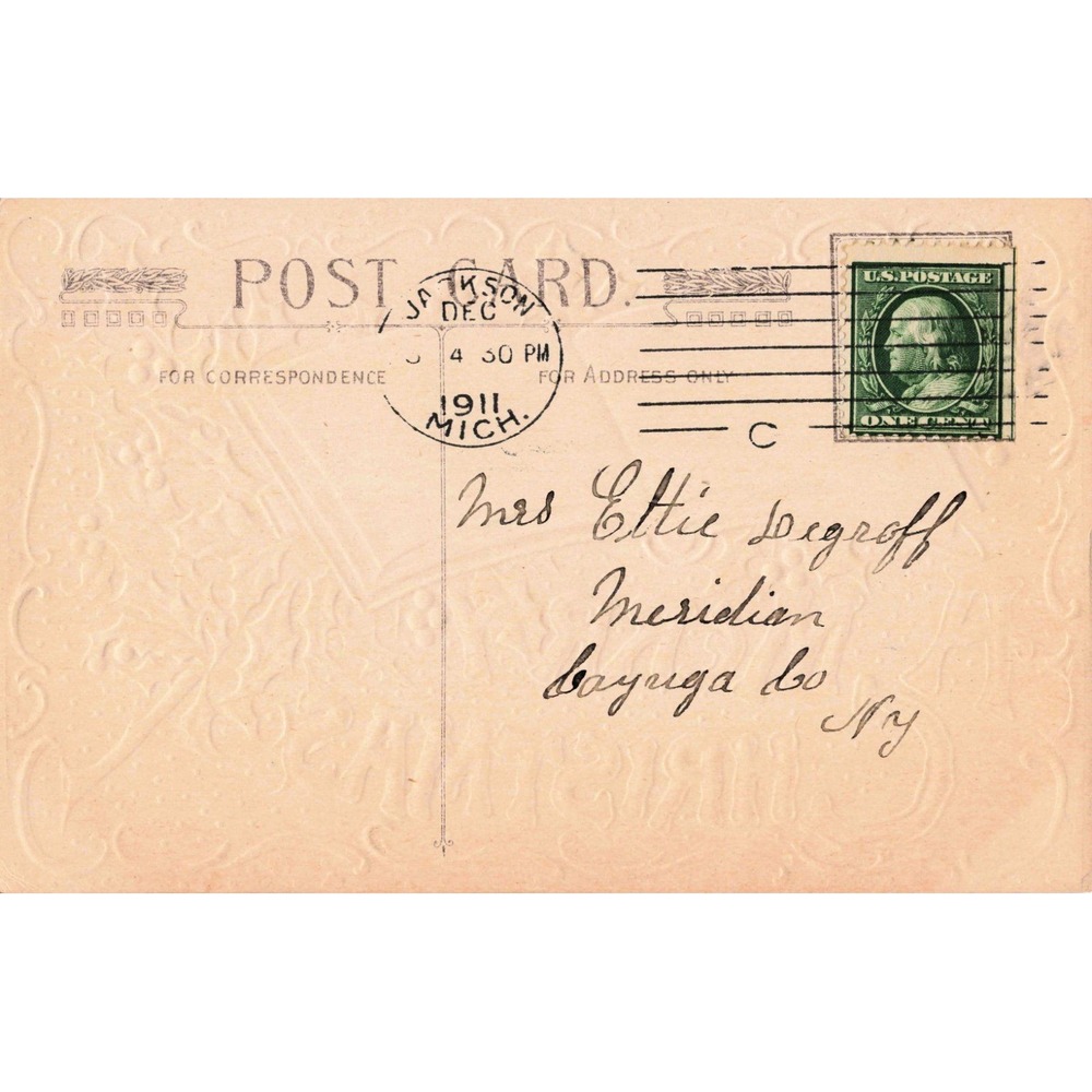 Antique Christmas Postcard Embossed Holly Book Jackson MI Franklin Stamp 1911 - Picture 2 of 2